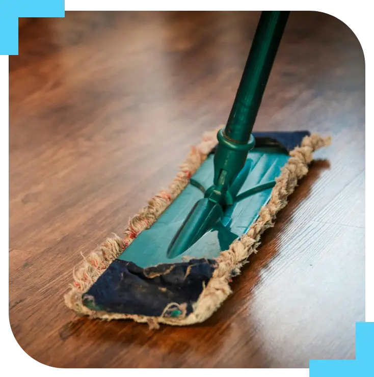 A green mop on the floor with blue pads.